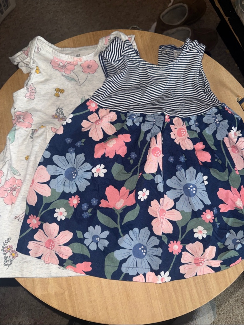 Girls Sleeveless Navy Floral Dress with Striped Bodice - Pink & Blue